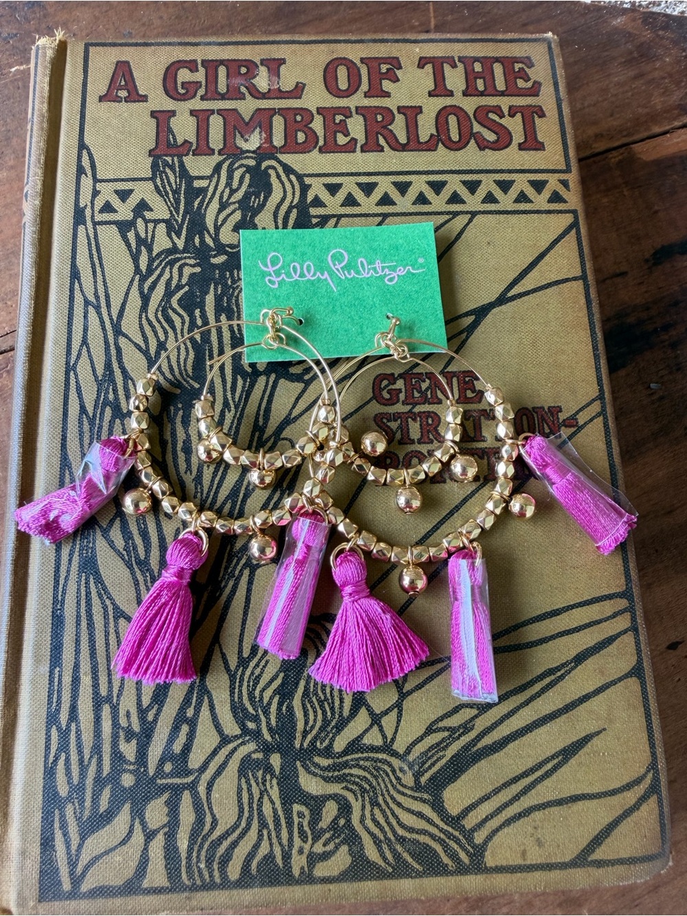 Lilly Pulitzer Gold Tone Double Hoop Magenta Tassel Beaded Dangle Earrings